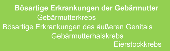 Typo mit weißer Schrift auf verblasstem grünen Grund, die eine Auflistung bösartiger gynäkologischer Erkrankungen zeigt.